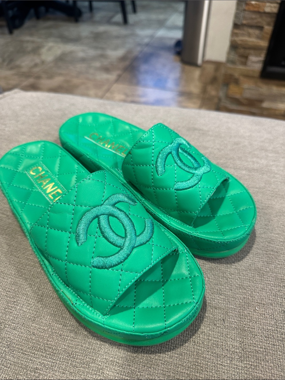 Quilted Emerald Green Slide Sandals size 36